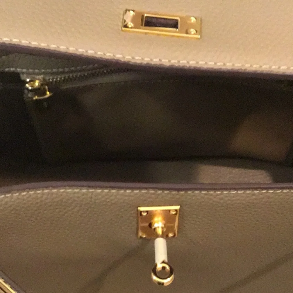 New Elegant Taupe Designer Inspired Satchel Bag with crossbody strap. - Picture 7 of 12